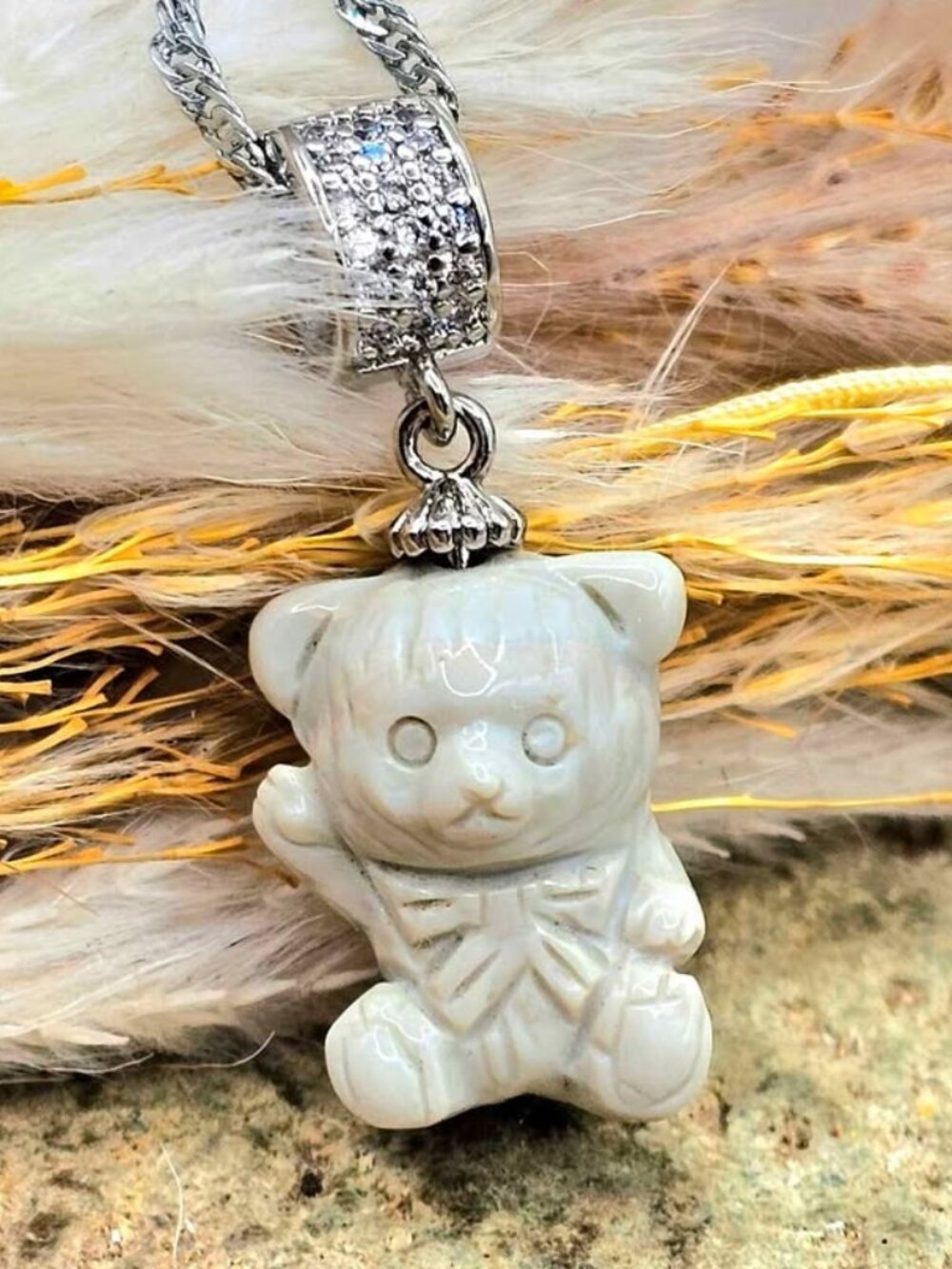 Nature Alashan Agate Hand Carved Bear Pendant Necklace